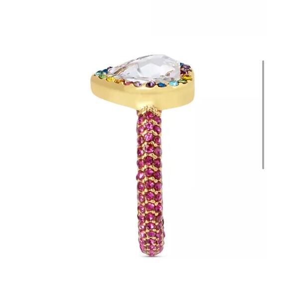 Kurt Geiger Rainbow Crystal Heart Cocktail Ring in Gold Tone - Picture 3 of 7